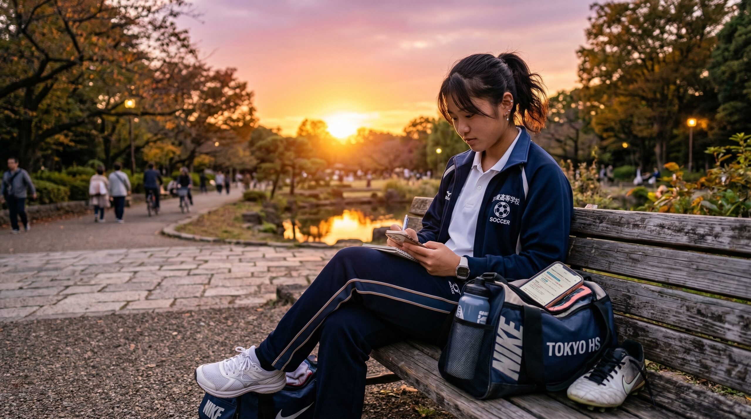 部活帰りに少しだけスマホで復習し、両立できている満足感に浸る高校生
